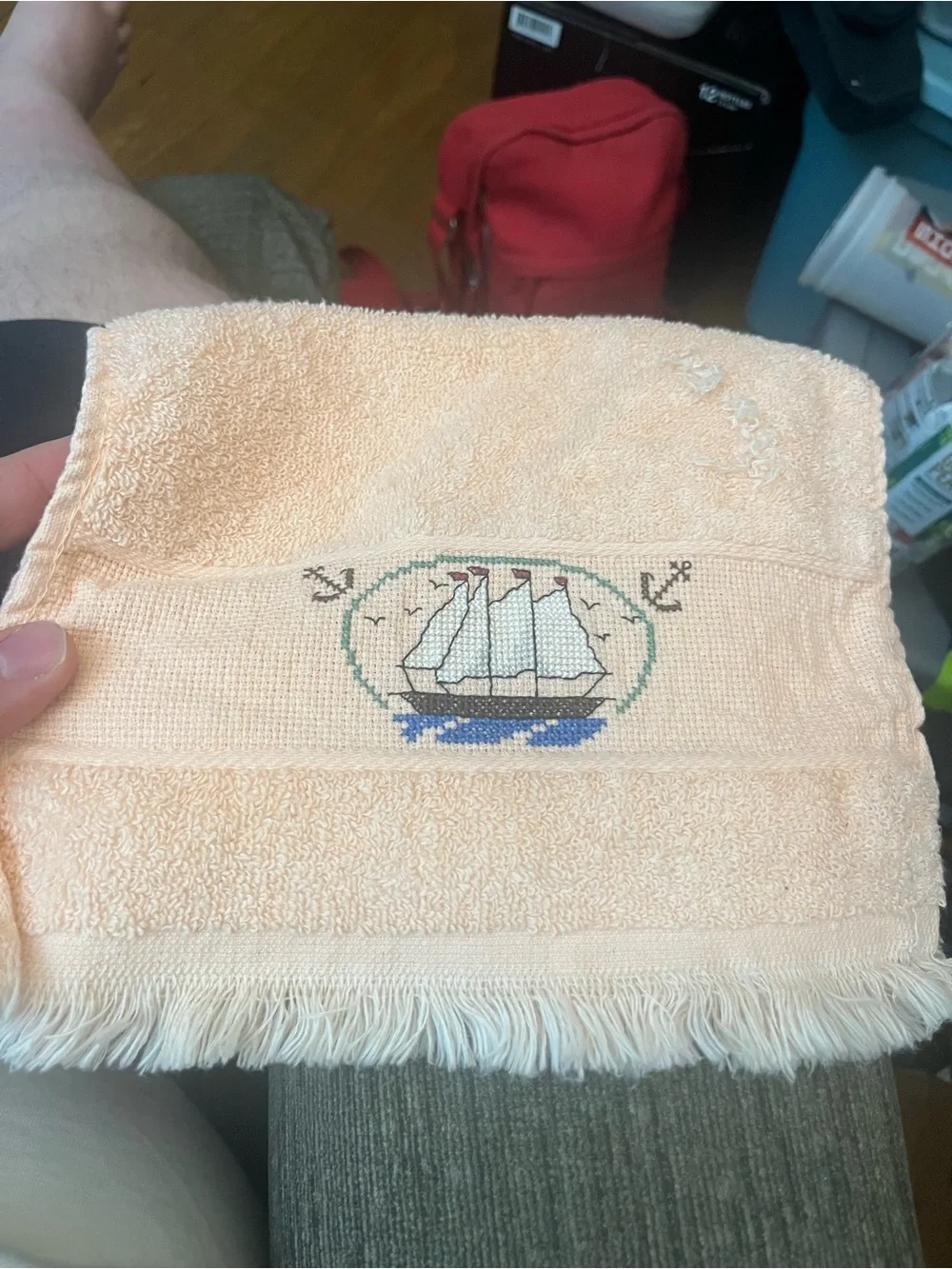 Peach Nautical Embroidered Hand Towel & Teddy Bear Towel